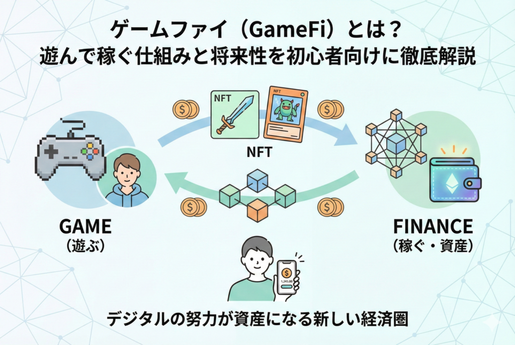 ゲームと金融が融合した「ゲームファイ（GameFi）」の仕組みを表現した図解イラスト。左側にはゲームコントローラーやキャラクターなどの「遊び」の要素、右側にはコインや宝箱、デジタル財布（ウォレット）などの「稼ぐ」要素が描かれ、それらが中央の矢印で結ばれている。ゲーム内での活動が現実の価値を持つ資産に変わる「遊んで稼ぐ（Play to Earn）」のコンセプトを、清潔感のある明るいデザインで視覚化したアイキャッチ。