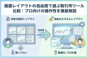 記事「画面レイアウトの自由度で選ぶ取引所ツール比較」のアイキャッチ画像。複数のチャートや注文板、資産状況などのパネルを自分好みに配置したパソコンの取引画面と、カスタマイズを象徴する設定アイコンが、清潔感のある淡い色調で描かれています。