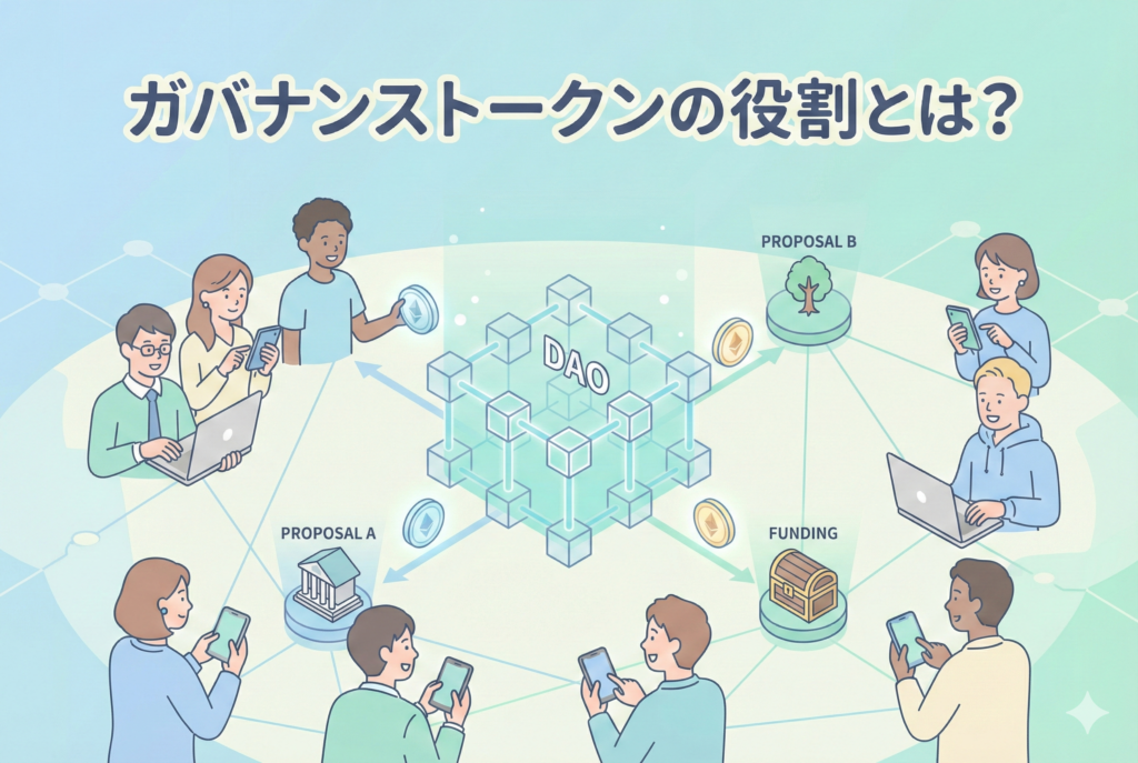 分散型自律組織（DAO）の運営をイメージしたアイキャッチ画像。世界中の参加者がガバナンストークンを用いて意思決定の投票を行い、ネットワークが繋がっていく様子を、清潔感のある淡いトーンのイラストで表現しています。中央には「ガバナンストークンの役割とは？」というタイトルが入っています。