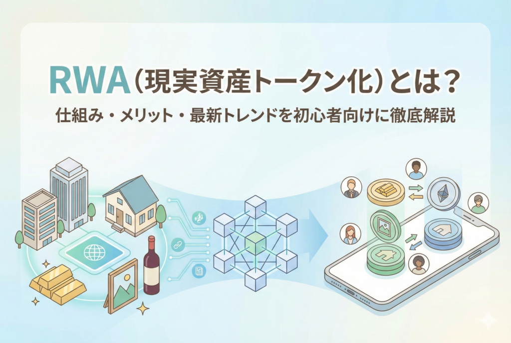 RWA（現実資産トークン化）の仕組みを図解したアイキャッチ画像。左側の不動産や金などの現実資産が、中央のブロックチェーンネットワークを経由して、右側のスマートフォン上のデジタルトークンとして取引される様子が描かれている。記事タイトル「RWA（現実資産トークン化）とは？仕組み・メリット・最新トレンドを初心者向けに徹底解説」が中央に配置されている。