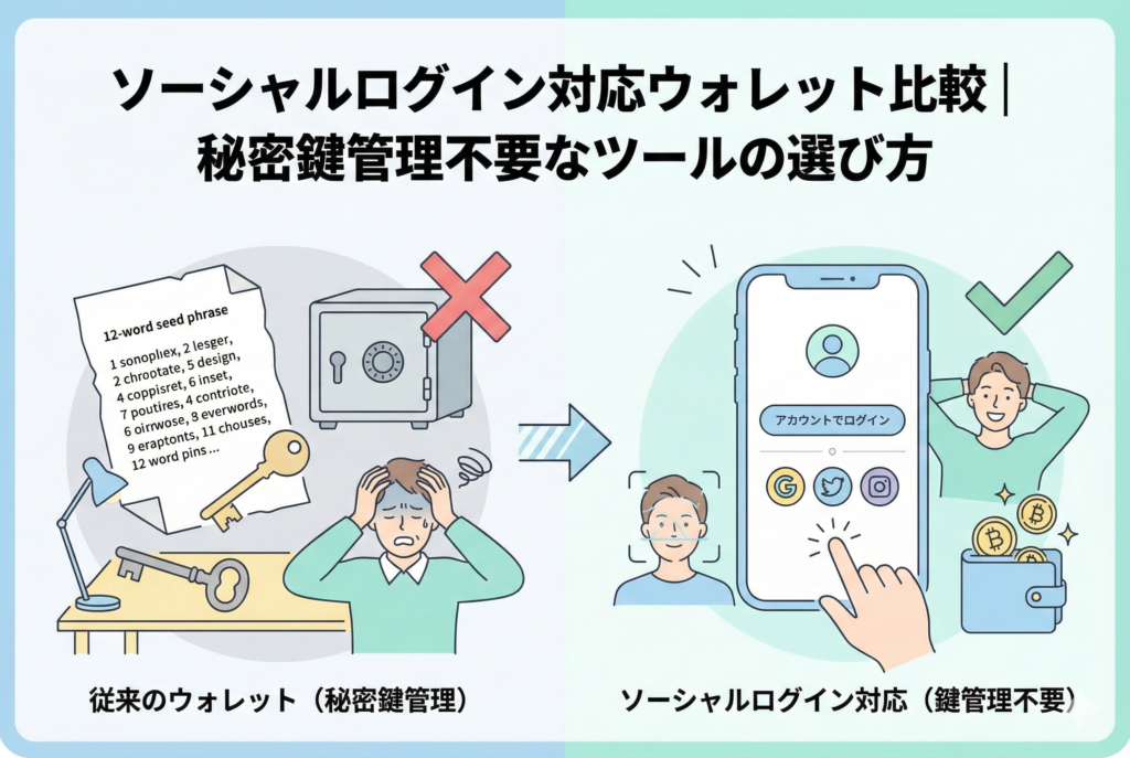 「ソーシャルログイン対応ウォレット比較」というタイトルが入ったアイキャッチ画像。スマートフォンを手に持ち、GoogleやAppleのアカウント、生体認証を使って簡単にログインする様子が描かれています。背景には、秘密鍵がパーツごとに分散管理（MPC）される仕組みや「シードフレーズ管理不要」というメリットが視覚的に図解されています。