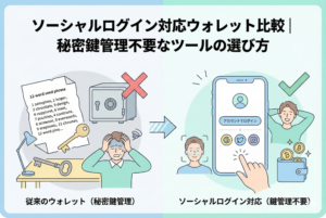 「ソーシャルログイン対応ウォレット比較」というタイトルが入ったアイキャッチ画像。スマートフォンを手に持ち、GoogleやAppleのアカウント、生体認証を使って簡単にログインする様子が描かれています。背景には、秘密鍵がパーツごとに分散管理（MPC）される仕組みや「シードフレーズ管理不要」というメリットが視覚的に図解されています。