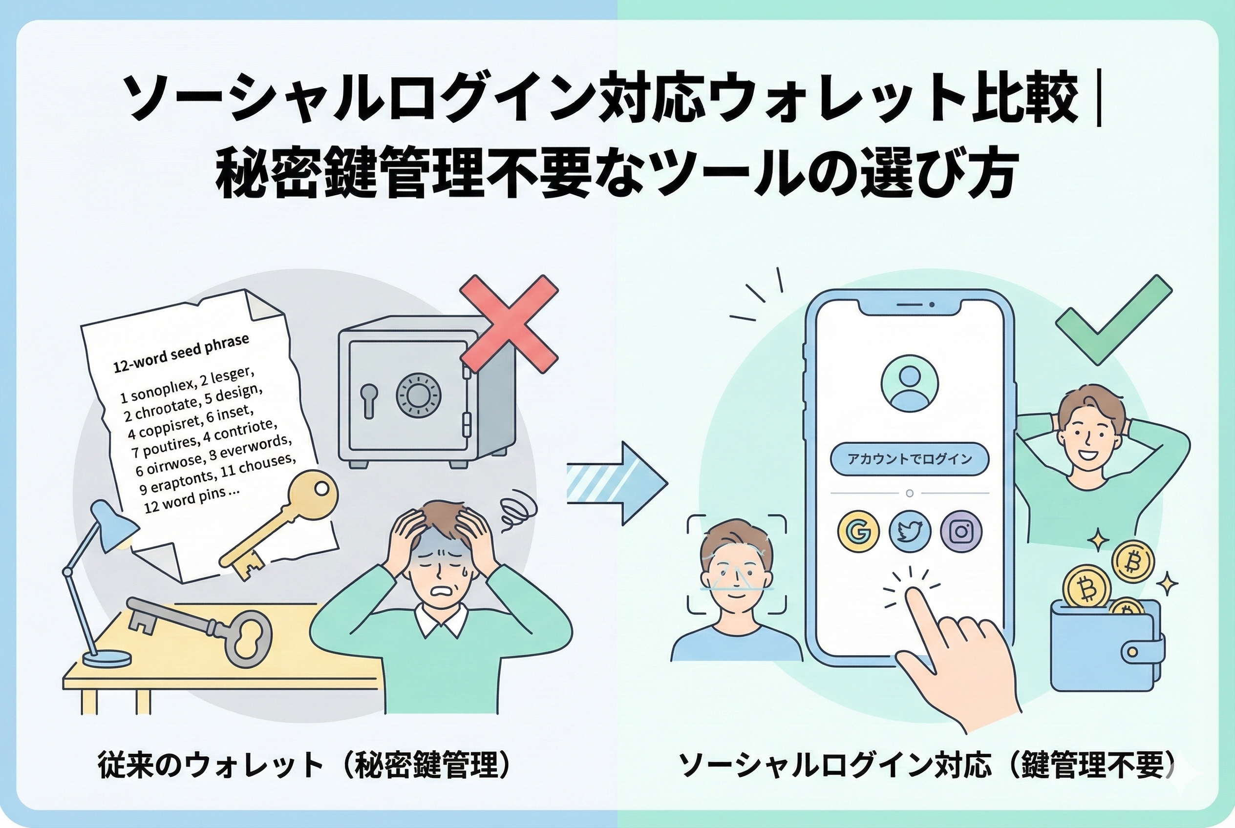 「ソーシャルログイン対応ウォレット比較」というタイトルが入ったアイキャッチ画像。スマートフォンを手に持ち、GoogleやAppleのアカウント、生体認証を使って簡単にログインする様子が描かれています。背景には、秘密鍵がパーツごとに分散管理（MPC）される仕組みや「シードフレーズ管理不要」というメリットが視覚的に図解されています。
