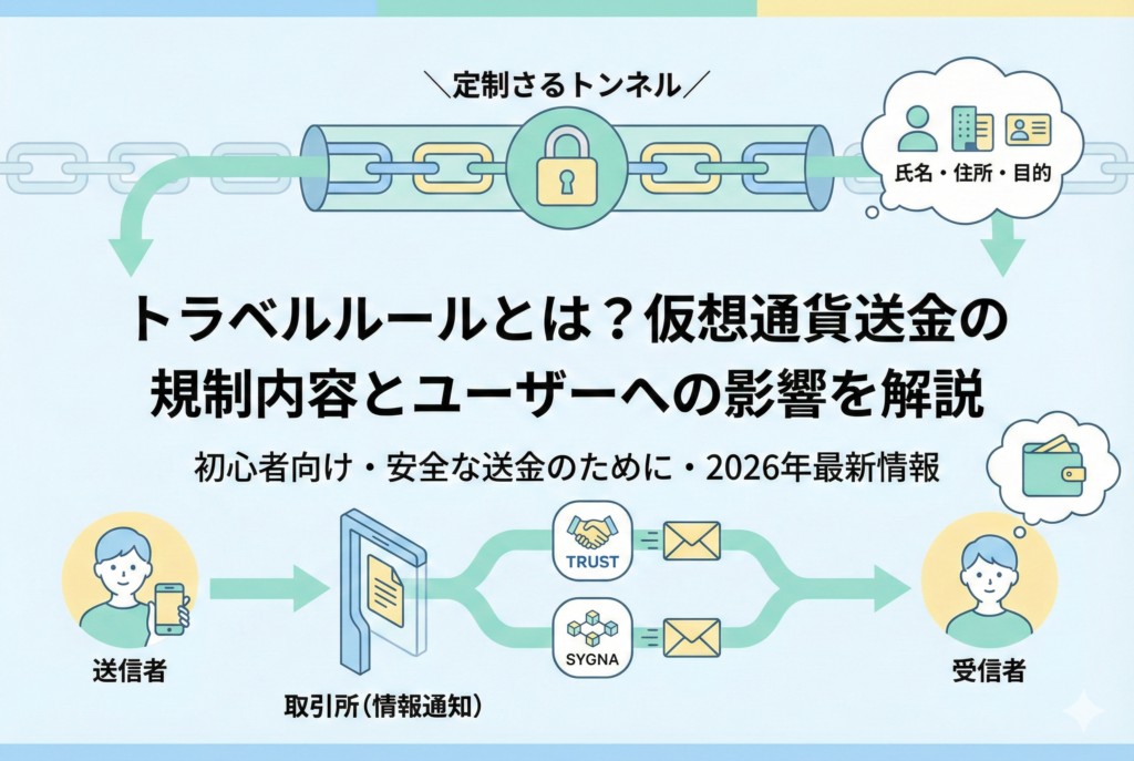 記事「トラベルルールとは？仮想通貨送金の規制内容とユーザーへの影響を解説」のアイキャッチ画像。送金元と送金先の取引所間で、封筒（ユーザー情報）が厳格なセキュリティゲートを通過してやり取りされる様子が描かれている。仮想通貨送金の安全性と透明性を高める規制の仕組みを、清潔感のある精緻なイラストで視覚的に表現している。
