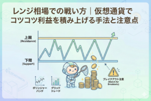 「レンジ相場での戦い方｜仮想通貨でコツコツ利益を積み上げる手法と注意点」というタイトルのアイキャッチ画像。チャートの上下限（レジスタンスとサポート）の間で価格が推移する様子と、その範囲内で小さな利益を網で掬い取るキャラクターが描かれている。ボリンジャーバンドやグリッドトレードの手法、ブレイクアウトへの注意喚起のアイコンも配置された、親しみやすいイラストレーション。