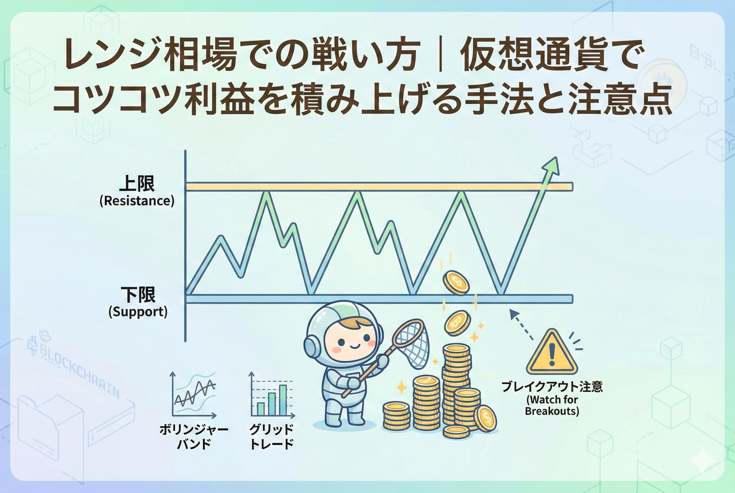 「レンジ相場での戦い方|仮想通貨でコツコツ利益を積み上げる手法と注意点」というタイトルのアイキャッチ画像。チャートの上下限(レジスタンスとサポート)の間で価格が推移する様子と、その範囲内で小さな利益を網で掬い取るキャラクターが描かれている。ボリンジャーバンドやグリッドトレードの手法、ブレイクアウトへの注意喚起のアイコンも配置された、親しみやすいイラストレーション。