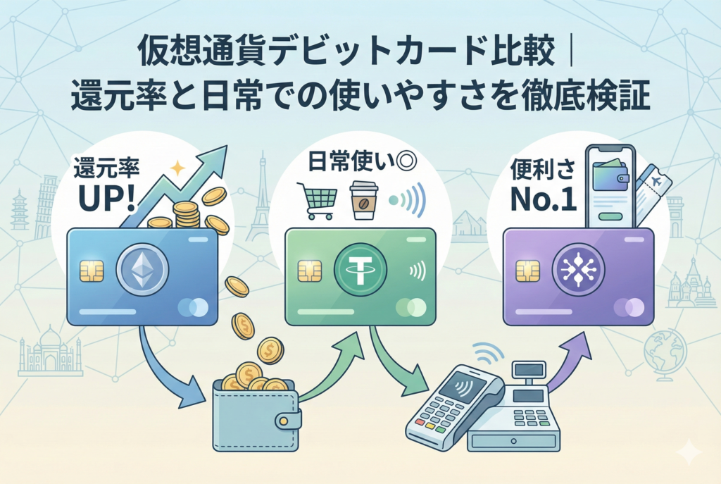 「仮想通貨デビットカード比較｜還元率と日常での使いやすさを徹底検証」というタイトル文字が入ったアイキャッチイラスト。左から「還元率UP!」「日常使い◎」「便利さNo.1」と特徴付けられた3枚の異なるカードが描かれ、仮想通貨がウォレットから日々の買い物やタッチ決済に利用される様子を視覚的に分かりやすく表現しています。