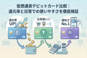 「仮想通貨デビットカード比較｜還元率と日常での使いやすさを徹底検証」というタイトル文字が入ったアイキャッチイラスト。左から「還元率UP!」「日常使い◎」「便利さNo.1」と特徴付けられた3枚の異なるカードが描かれ、仮想通貨がウォレットから日々の買い物やタッチ決済に利用される様子を視覚的に分かりやすく表現しています。