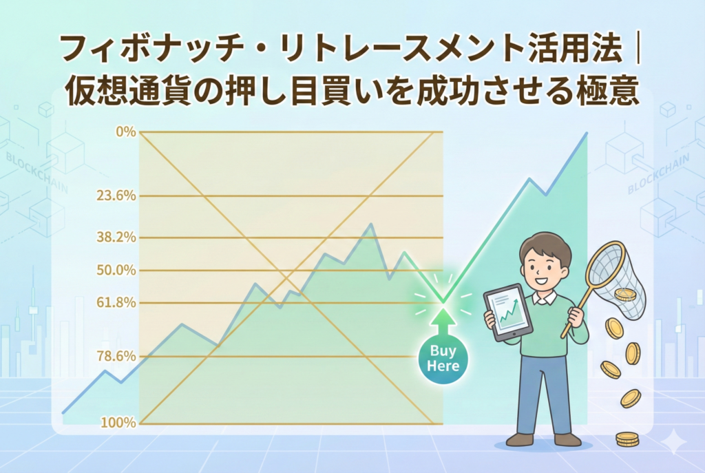 「フィボナッチ・リトレースメント活用法｜仮想通貨の押し目買いを成功させる極意」というタイトルが入ったアイキャッチ画像。黄金比（0.382や0.618）のラインが引かれた仮想通貨の上昇チャートを、投資家が「押し目」の反発ポイントで分析している様子を表現した、清潔感のある精緻なイラスト。