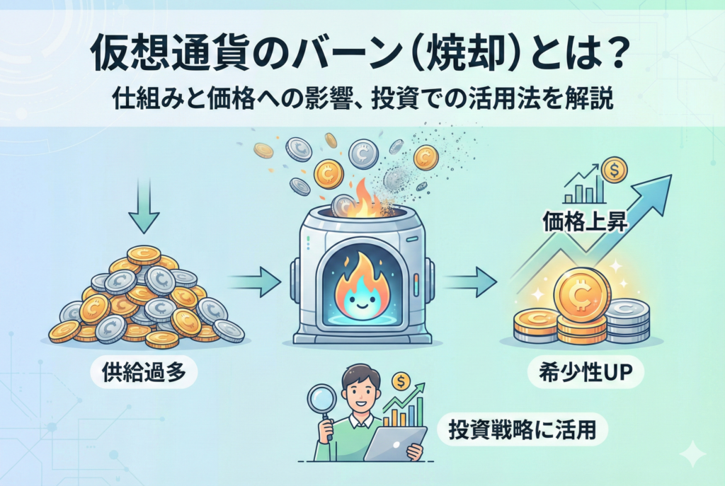 「仮想通貨のバーン（焼却）とは？仕組みと価格への影響、投資での活用法を解説」というタイトルが入ったアイキャッチ画像。コインが炎のモチーフとともに消滅し、残ったコインの希少性が高まって価値が上昇する様子を、清潔感のある明るいデザインで描いた図解。
