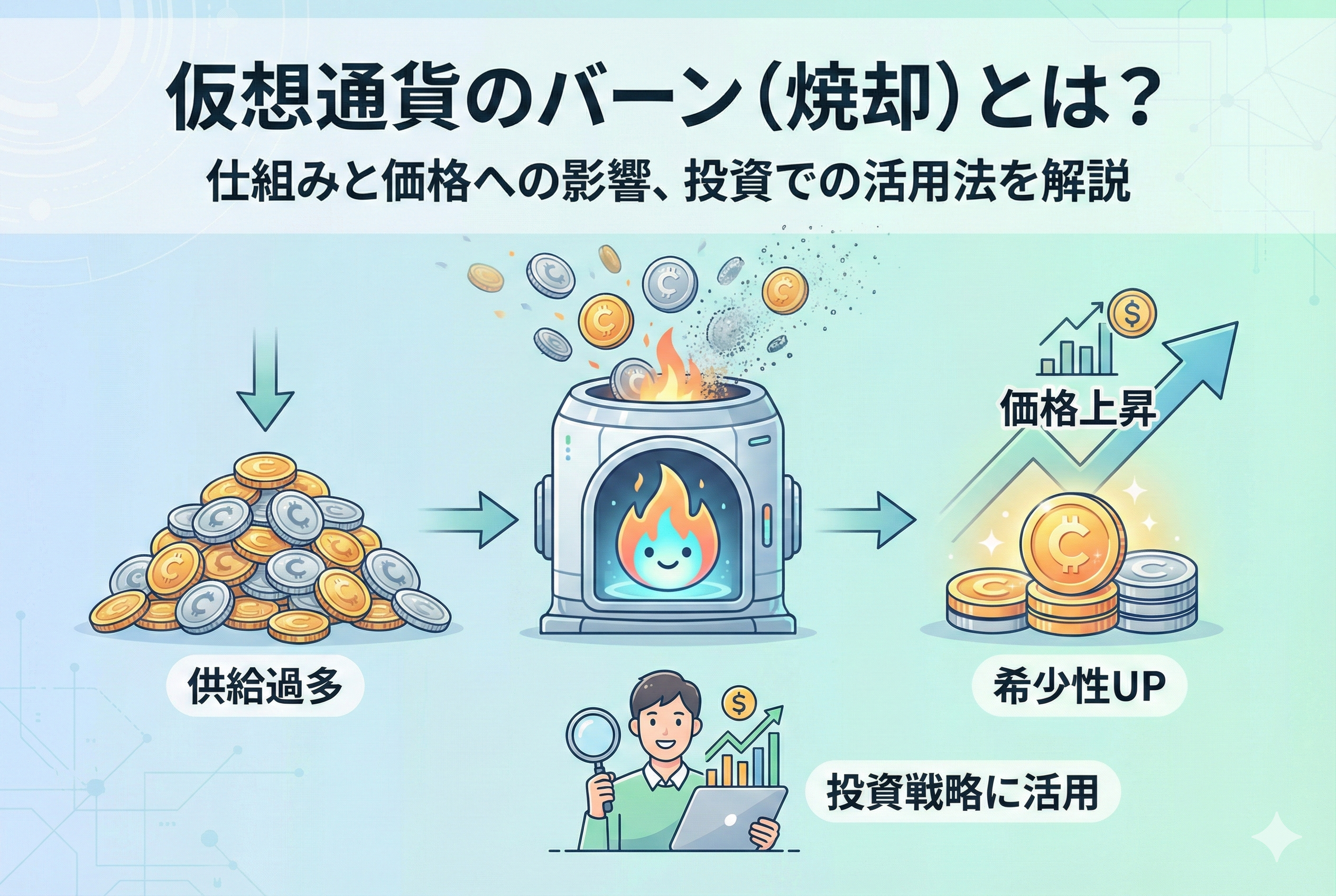 「仮想通貨のバーン（焼却）とは？仕組みと価格への影響、投資での活用法を解説」というタイトルが入ったアイキャッチ画像。コインが炎のモチーフとともに消滅し、残ったコインの希少性が高まって価値が上昇する様子を、清潔感のある明るいデザインで描いた図解。