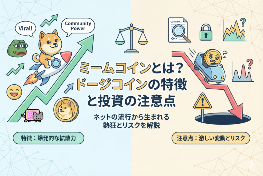 犬などの可愛らしいミームキャラクターやデジタルコインが描かれた、親しみやすいデザインのアイキャッチ画像。中央に「ミームコインとは？ドージコインの特徴と投資する際の注意点」という日本語のタイトルが配置されています。