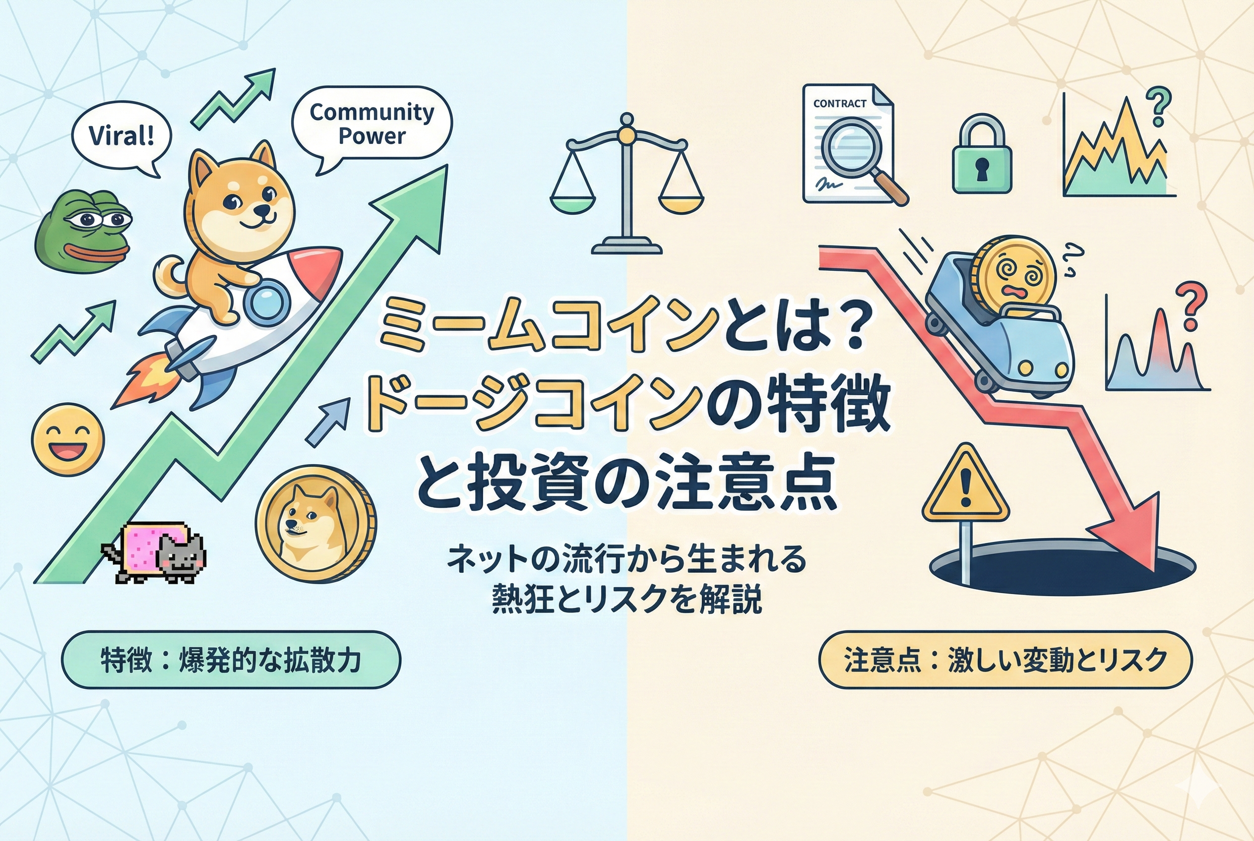 犬などの可愛らしいミームキャラクターやデジタルコインが描かれた、親しみやすいデザインのアイキャッチ画像。中央に「ミームコインとは？ドージコインの特徴と投資する際の注意点」という日本語のタイトルが配置されています。