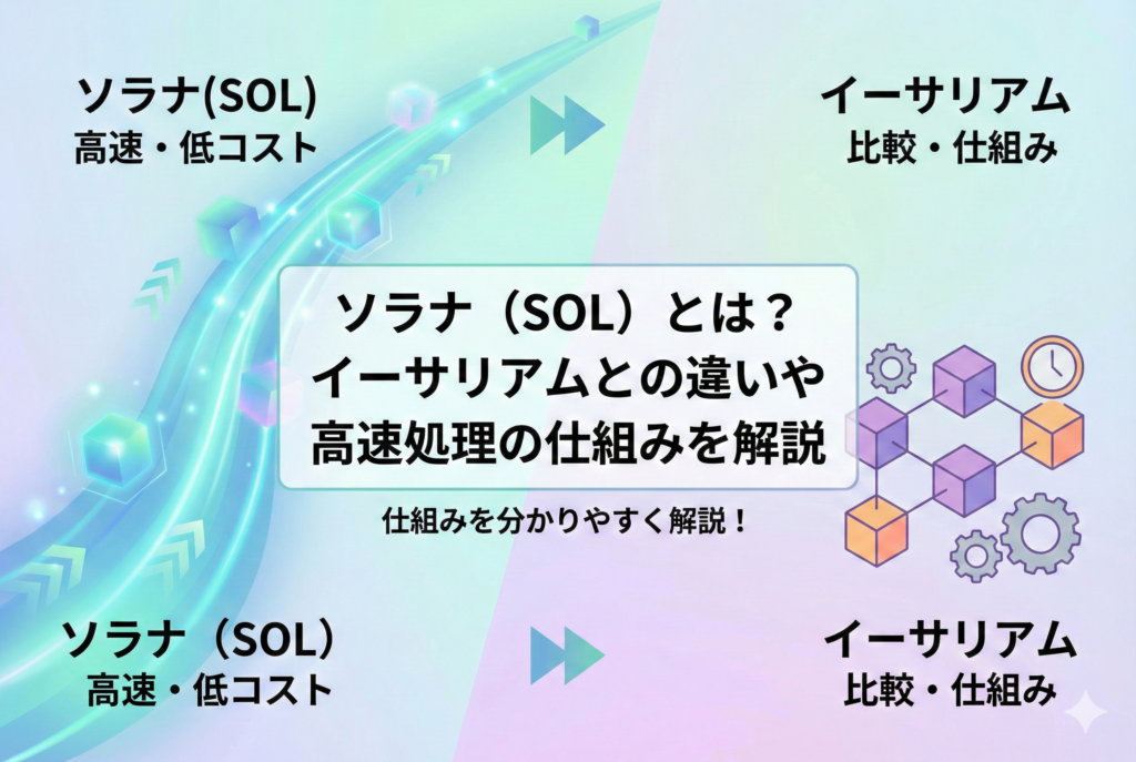 記事「ソラナ（SOL）とは？イーサリアムとの違いや高速処理の仕組みを解説」のアイキャッチ画像。左側には高速・低コストなソラナを示す光速のブロックチェーンのイラスト、右側には比較対象となるイーサリアムのネットワーク図と歯車や時計のアイコンが描かれている。