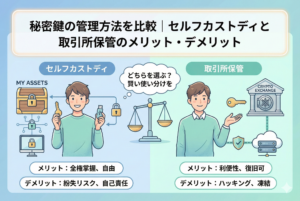 仮想通貨の秘密鍵管理について、セルフカストディと取引所保管の違いを比較するアイキャッチ画像。中央に鍵のアイコン、左右に「自分での管理」と「取引所への預け入れ」を象徴するグラフィックが、淡いブルーを基調とした清潔感のあるテイストで構成されている。