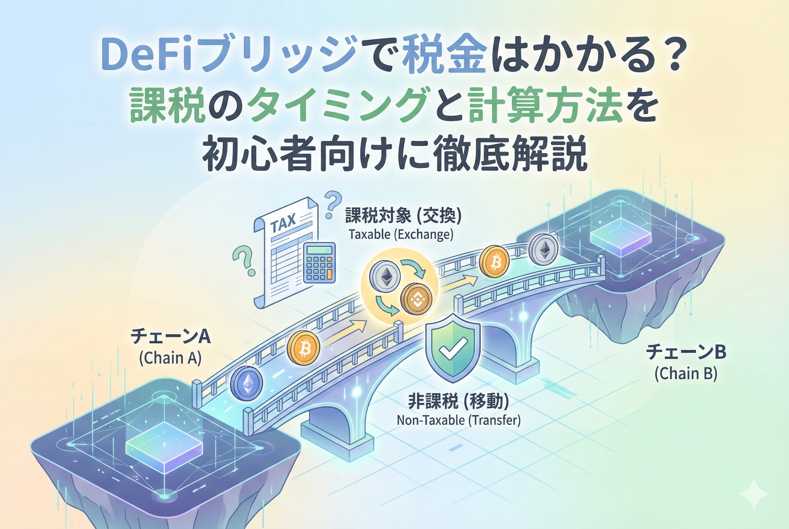 ブロックチェーンを繋ぐブリッジのイラストと、税金・電卓のアイコン。中央には「DeFiブリッジで税金はかかる？」という日本語タイトルが配置され、異なるチェーン間での資産移動と課税の仕組みを視覚的に表現しています。