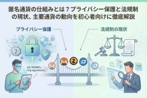 匿名通貨（プライバシーコイン）の仕組みと法規制を解説するアイキャッチ画像。個人のプライバシーを守る「盾と鍵」のアイコンと、社会的なルールや透明性を表す「天秤」のイラストが対比された、クリーンで精緻なデザイン。