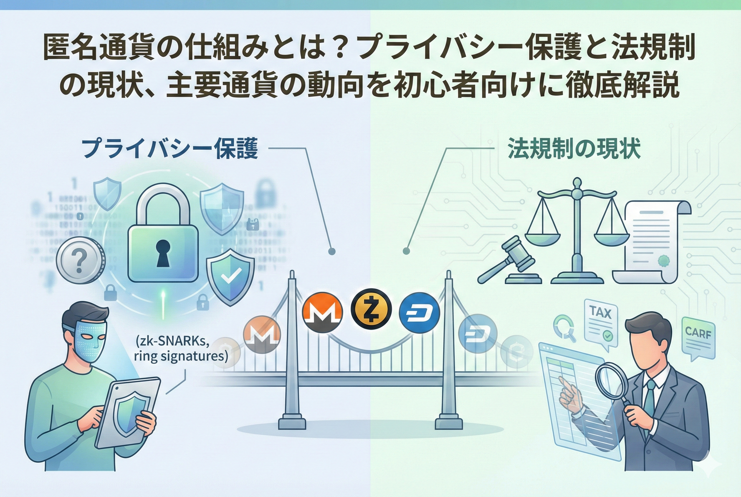 匿名通貨(プライバシーコイン)の仕組みと法規制を解説するアイキャッチ画像。個人のプライバシーを守る「盾と鍵」のアイコンと、社会的なルールや透明性を表す「天秤」のイラストが対比された、クリーンで精緻なデザイン。