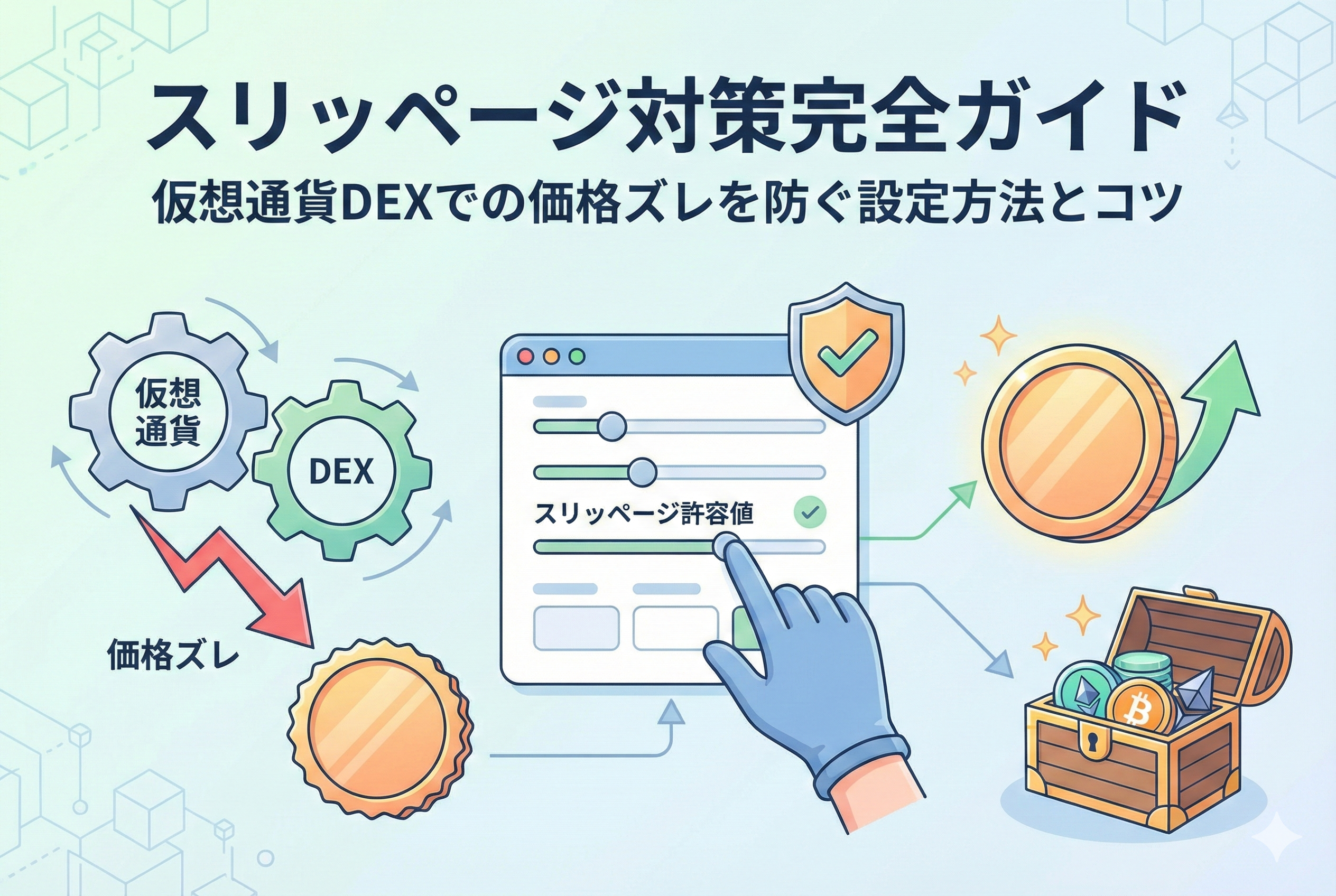 仮想通貨の分散型取引所(DEX)におけるスリッページ対策をイメージしたイラスト。価格変動のグラフと設定アイコン、そして資産を守る盾が、清潔感のある明るいテイストで描かれています。