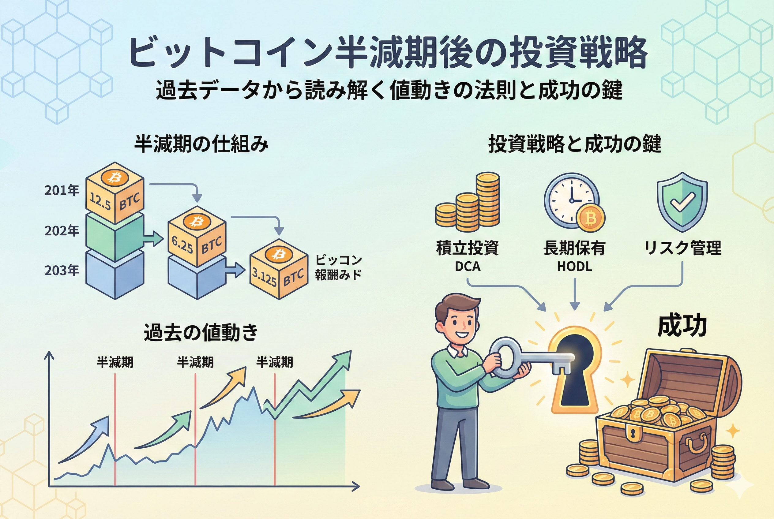 ビットコイン半減期後の投資戦略を解説するインフォグラフィック。左側には報酬が減少する「半減期の仕組み」と、過去の半減期後に価格が上昇してきた「値動きのグラフ」が描かれている。右側には「投資戦略と成功の鍵」として、積立投資、長期保有、リスク管理の重要性が示され、男性がそれらを鍵として成功(宝箱)を開ける様子が描かれている。