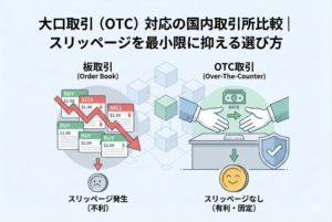 大口取引（OTC）対応の国内取引所比較記事のアイキャッチ画像。左側は「板取引」で価格が乱高下しスリッページが発生して不利になる様子、右側は「OTC取引」で固定レートによりスリッページが発生せず有利に取引できる様子を図解したイラストです。