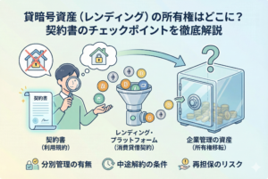 仮想通貨のレンディング（貸暗号資産）における所有権の所在と、契約書の確認ポイントを表現したアイキャッチ画像。中央に「貸暗号資産（レンディング）の所有権はどこに？契約書のチェックポイントを徹底解説」という日本語タイトルがあり、契約書、虫眼鏡、コイン、そして「所有権（OWNERSHIP）」を示す鍵のアイコンが精緻なイラストで描かれています。