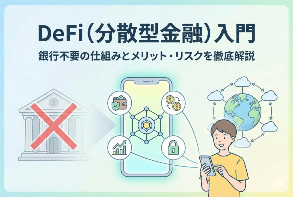 「DeFi（分散型金融）入門｜銀行不要の仕組みとメリット・リスクを徹底解説」という日本語の見出しが入った、明るく清潔感のあるアイキャッチ画像。スマートフォンを中心に、ブロックチェーン、コイン、スマートコントラクトを象徴するアイコンが分散ネットワークで繋がっている様子を表現したパステルカラーのイラスト。