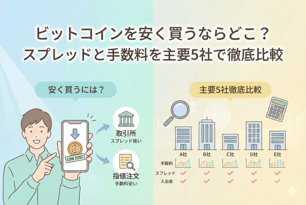 ビットコインを安く買う方法と主要5社のスプレッド・手数料比較を解説する記事のアイキャッチ画像。スマートフォンで取引所や指値注文を利用してコストを抑える様子と、複数の仮想通貨交換業者の手数料体系を比較するイラストが描かれている。