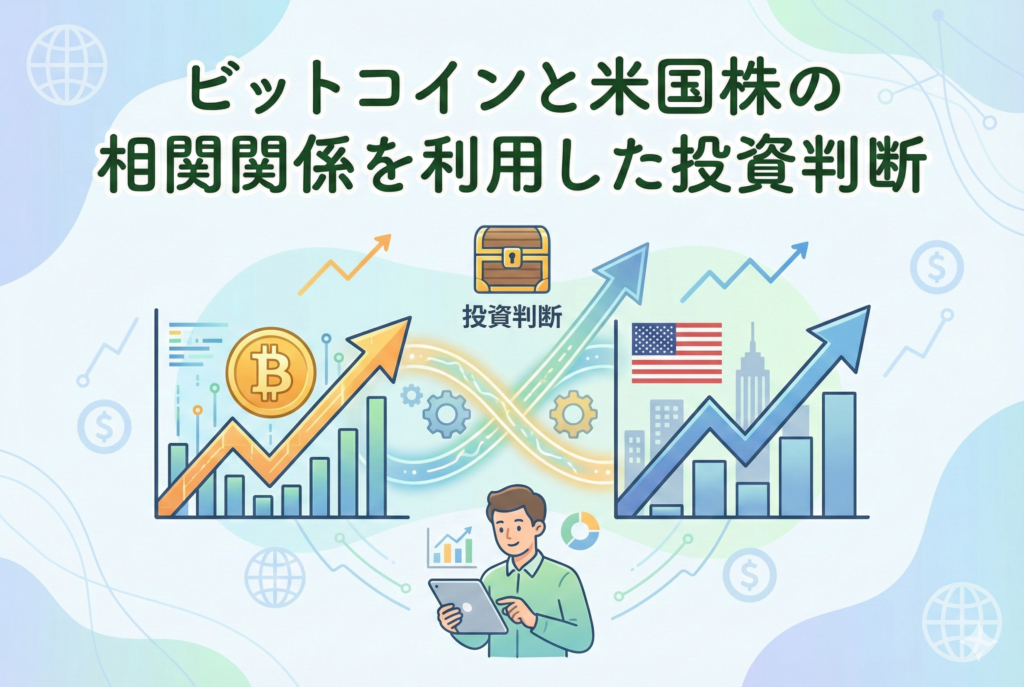 ビットコインのシンボルと米国株を象徴する上昇チャートが並び、両者の相関関係を表現したアイキャッチ画像。清潔感のあるパステルカラーの背景に、「ビットコインと米国株の相関関係を利用した投資判断」という日本語のタイトルが配置された精緻なデザイン。