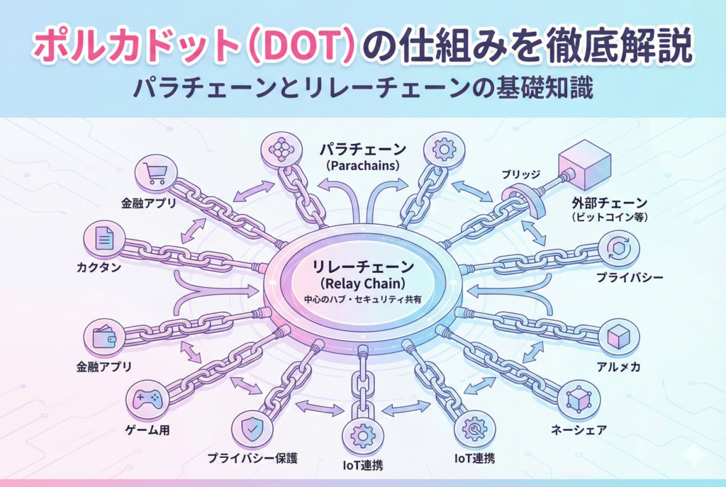 「ポルカドット(DOT)の仕組みを徹底解説」という見出しが入ったアイキャッチ画像。中心にある「リレーチェーン」が、周囲の多様な「パラチェーン」と繋がり、ネットワーク全体を統合している階層構造を、清潔感のある明るいイラストで表現した図解。
