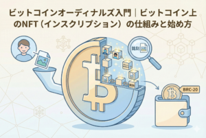 ビットコインオーディナルズ入門のアイキャッチ画像。巨大なビットコインの内部にあるブロックチェーンに、画像データや「HELLO WORLD」といったテキストが「銘刻」されるインスクリプションの仕組みを図解。ユーザーがデータを投入し、それがBRC-20トークンとしてウォレットに保管されるまでの流れを、親しみやすいイラストで表現しています。
