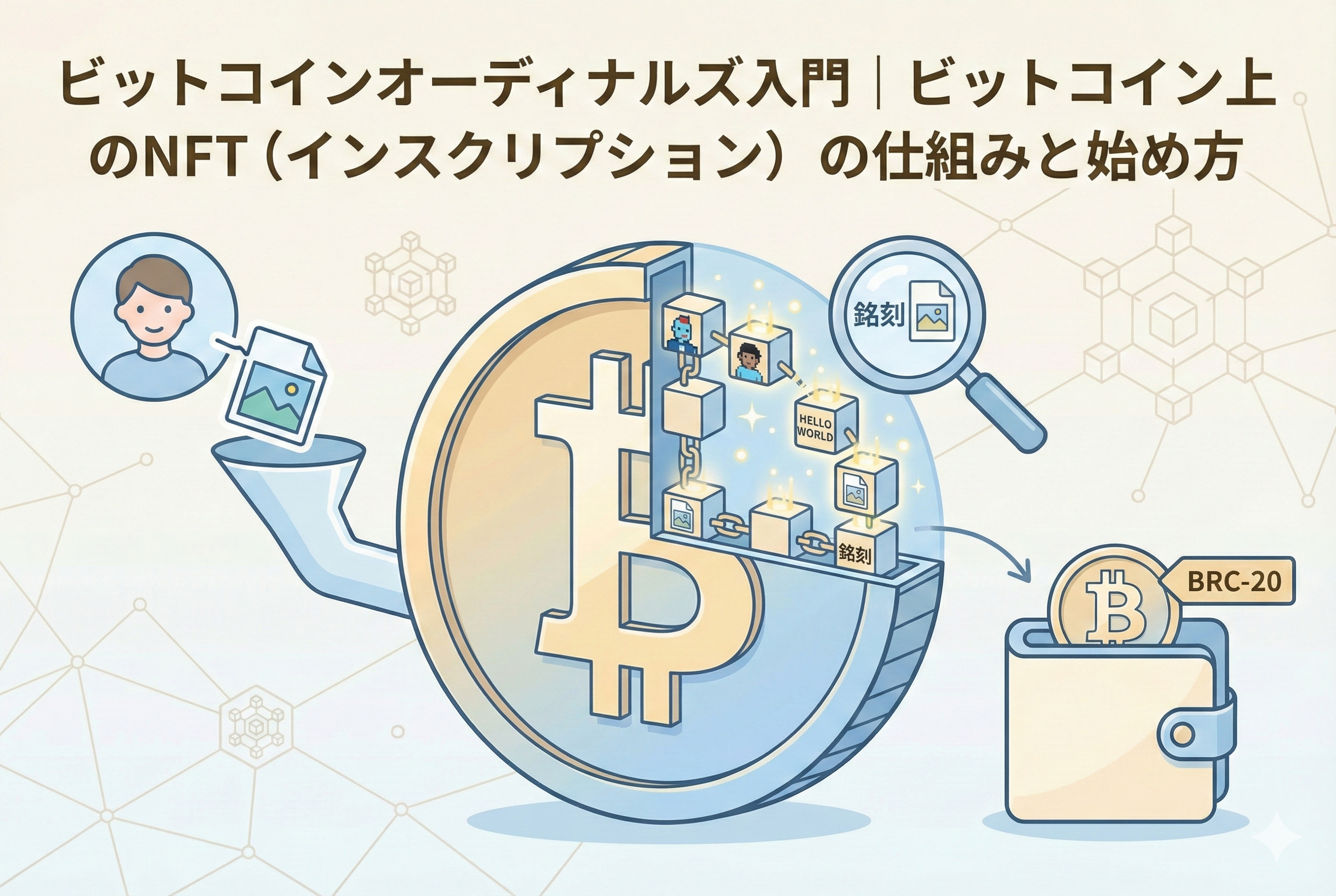 ビットコインオーディナルズ入門のアイキャッチ画像。巨大なビットコインの内部にあるブロックチェーンに、画像データや「HELLO WORLD」といったテキストが「銘刻」されるインスクリプションの仕組みを図解。ユーザーがデータを投入し、それがBRC-20トークンとしてウォレットに保管されるまでの流れを、親しみやすいイラストで表現しています。