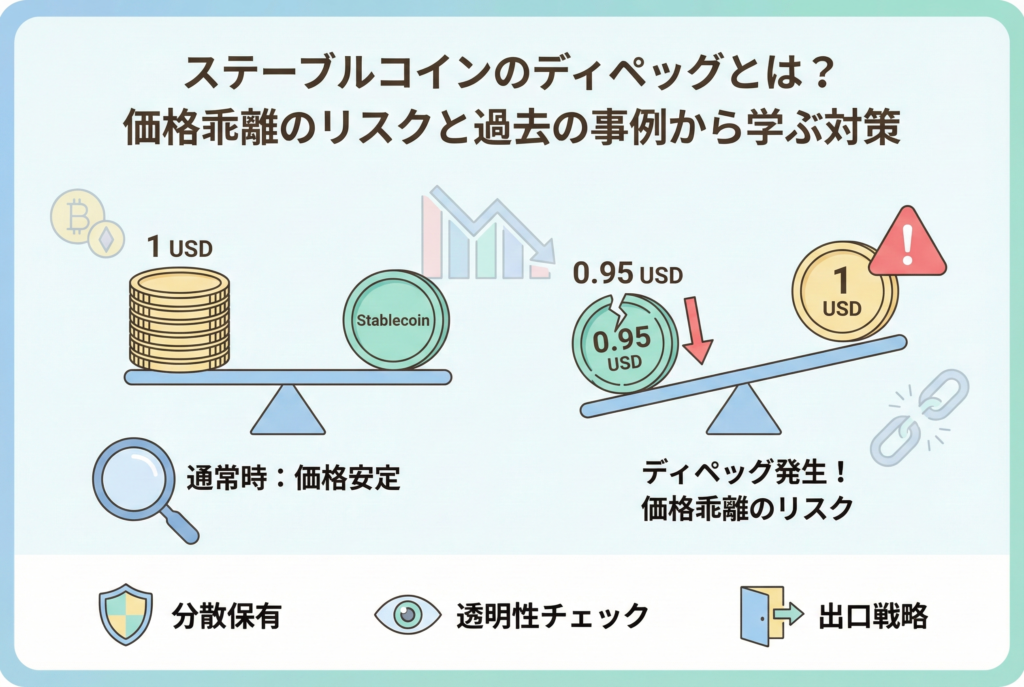 ステーブルコインの価格が1ドルから乖離するディペッグ現象を視覚的に解説したイラスト。価格が安定した状態と、リスクによって価格が下落する様子を対比させ、資産を守るための分散投資や監視ツールの重要性を表現しています。