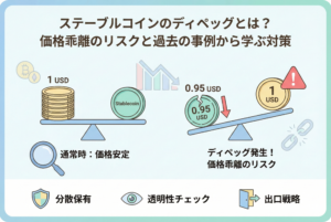 ステーブルコインの価格が1ドルから乖離するディペッグ現象を視覚的に解説したイラスト。価格が安定した状態と、リスクによって価格が下落する様子を対比させ、資産を守るための分散投資や監視ツールの重要性を表現しています。