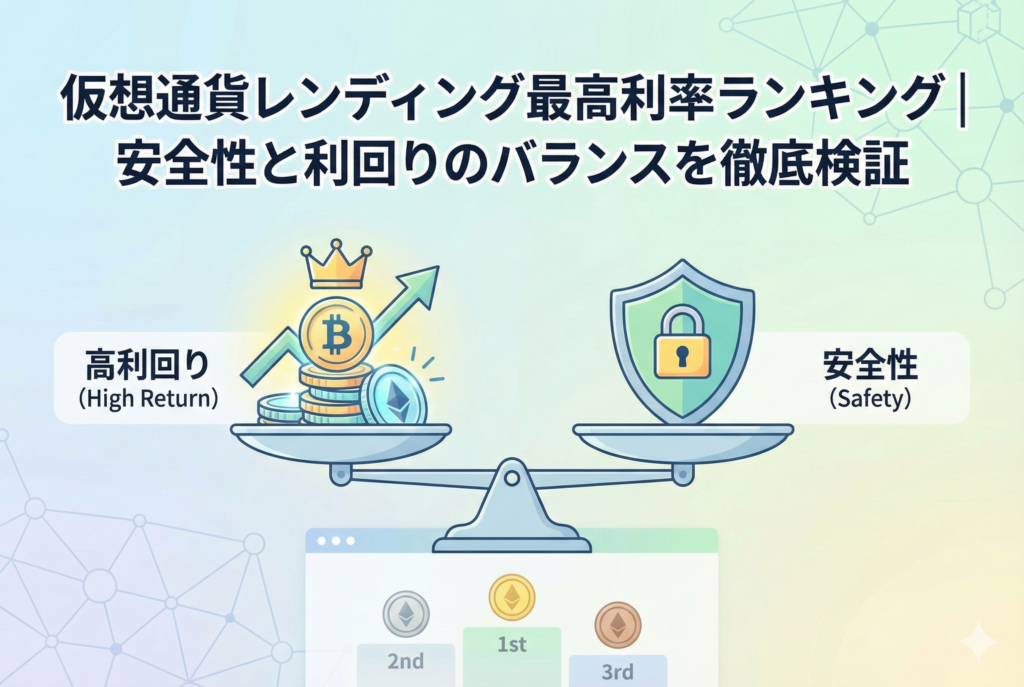 「仮想通貨レンディング最高利率ランキング」という日本語タイトルが入ったアイキャッチ画像。高い利回りと安全性のバランスを天秤（スケール）で表現し、ビットコインなどの仮想通貨が芽吹いて成長する様子を清潔感のあるイラストで描いています。