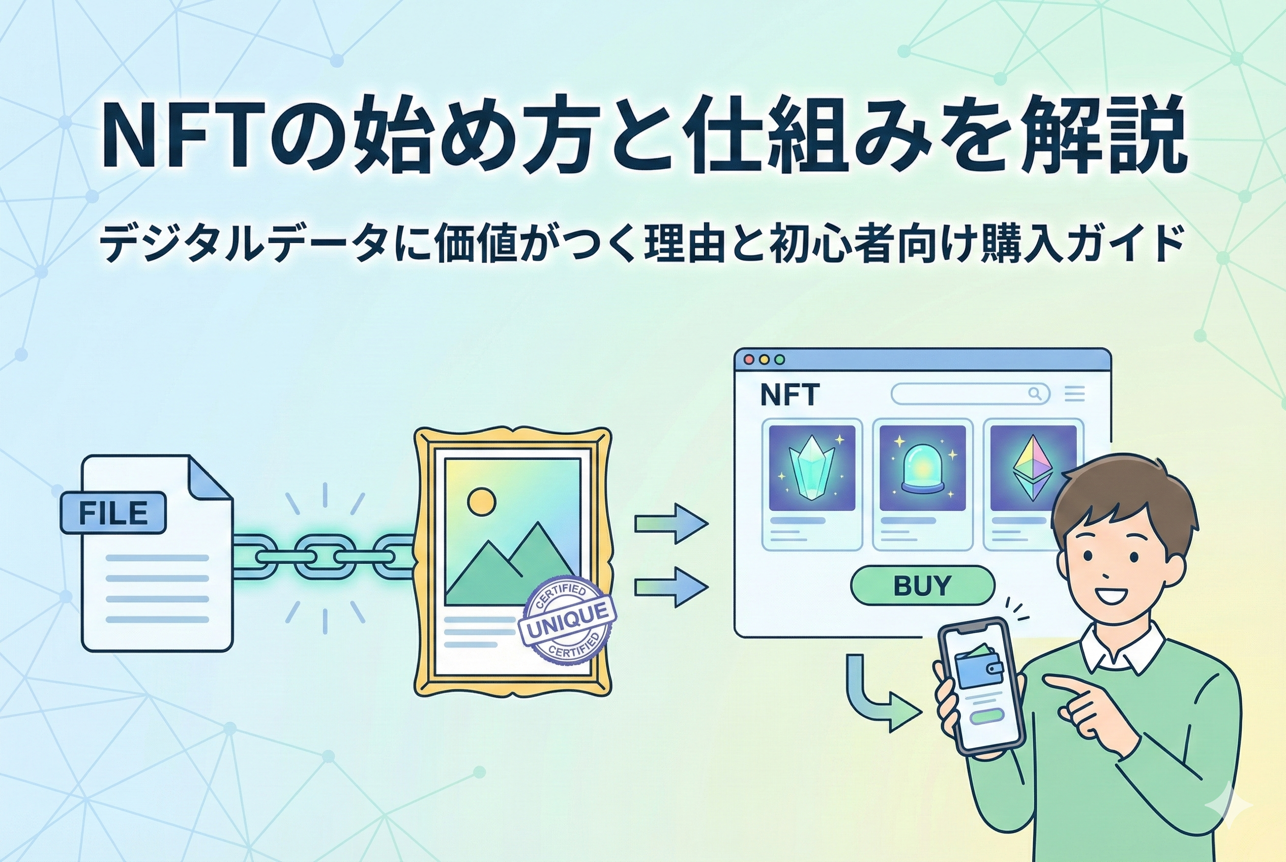 「NFTの始め方と仕組みを解説｜デジタルデータに価値がつく理由と初心者向け購入ガイド」というタイトル文字が入ったアイキャッチ画像。デジタルアート、ブロックチェーンの繋がり、鑑定書、仮想通貨のアイコンが、清潔感のある明るいパステルカラーのイラストで配置されています。
