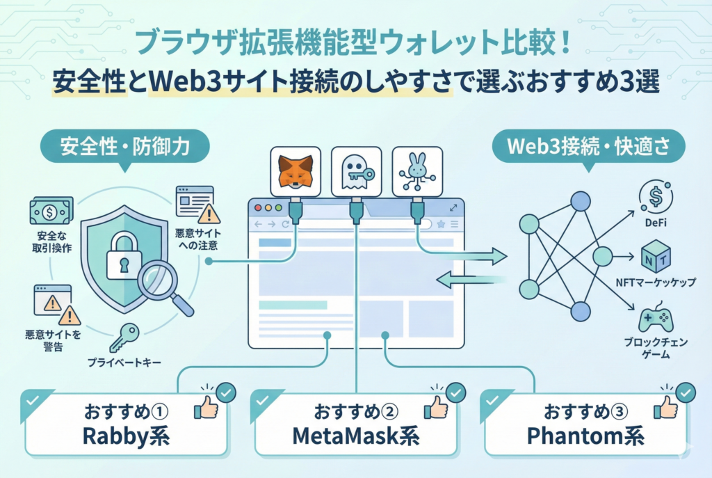 「ブラウザ拡張機能型ウォレット比較！安全性とWeb3サイト接続のしやすさで選ぶおすすめ3選」というタイトルのインフォグラフィック画像。中央のブラウザにMetaMask系（キツネ）、Phantom系（お化け）、Rabby系（ウサギ）のアイコンが接続されているイラスト。左側には「安全性・防御力」として盾や警告アイコンでセキュリティ機能を示し、右側には「Web3接続・快適さ」としてDeFiやNFT、ブロックチェーンゲームへのネットワーク接続性を示している。下部にはおすすめとして「Rabby系」「MetaMask系」「Phantom系」の3つが提示されている。