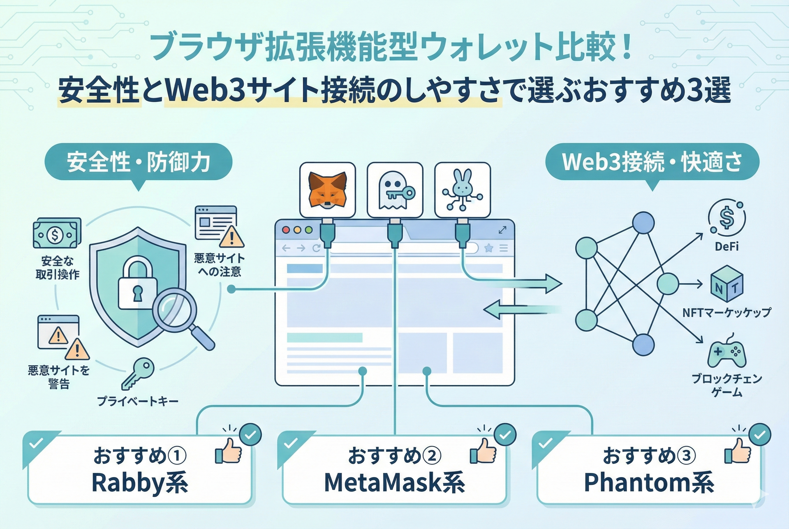 「ブラウザ拡張機能型ウォレット比較！安全性とWeb3サイト接続のしやすさで選ぶおすすめ3選」というタイトルのインフォグラフィック画像。中央のブラウザにMetaMask系（キツネ）、Phantom系（お化け）、Rabby系（ウサギ）のアイコンが接続されているイラスト。左側には「安全性・防御力」として盾や警告アイコンでセキュリティ機能を示し、右側には「Web3接続・快適さ」としてDeFiやNFT、ブロックチェーンゲームへのネットワーク接続性を示している。下部にはおすすめとして「Rabby系」「MetaMask系」「Phantom系」の3つが提示されている。