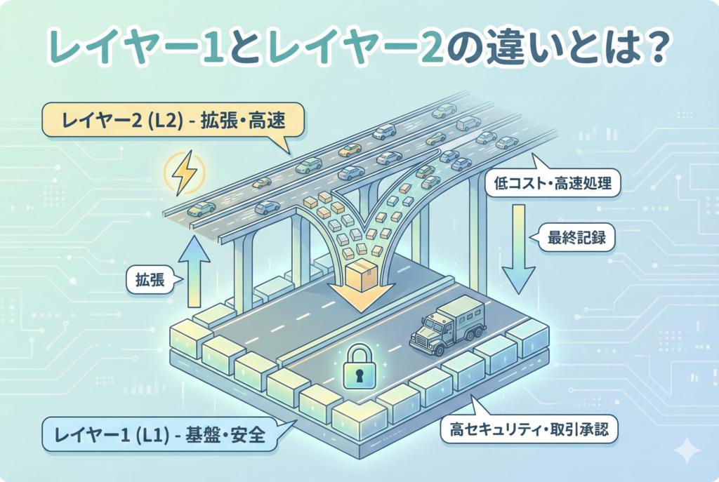 「レイヤー1とレイヤー2の違いとは？」という見出しが入ったアイキャッチ画像。土台となるレイヤー1（L1）の上に、高速処理を担うレイヤー2（L2）が重なる階層構造を、道路と高速道路のイメージを交えて表現した、清潔感のある明るいデザイン。