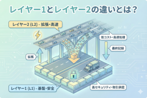 「レイヤー1とレイヤー2の違いとは？」という見出しが入ったアイキャッチ画像。土台となるレイヤー1（L1）の上に、高速処理を担うレイヤー2（L2）が重なる階層構造を、道路と高速道路のイメージを交えて表現した、清潔感のある明るいデザイン。