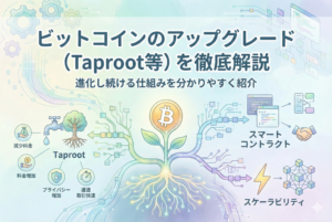 「ビットコインのアップグレード（Taproot等）を徹底解説」という文字が中央に配置されたアイキャッチ画像。ビットコインのロゴから根（Taproot）や芽が広がり、スマートコントラクトやスケーラビリティの進化をアイコンで表現した、清潔感のある明るいデザイン。