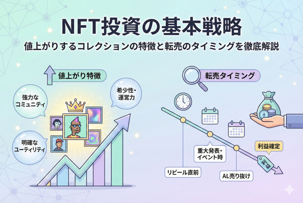 デジタルアートのフレームから飛び出すキャラクターのイラストと、イーサリアムのロゴ、そして上昇する折れ線グラフが描かれた画像です。「NFT投資の基本戦略」という文字が入っており、価値のあるコレクションの選び方と転売のタイミングを表現しています。