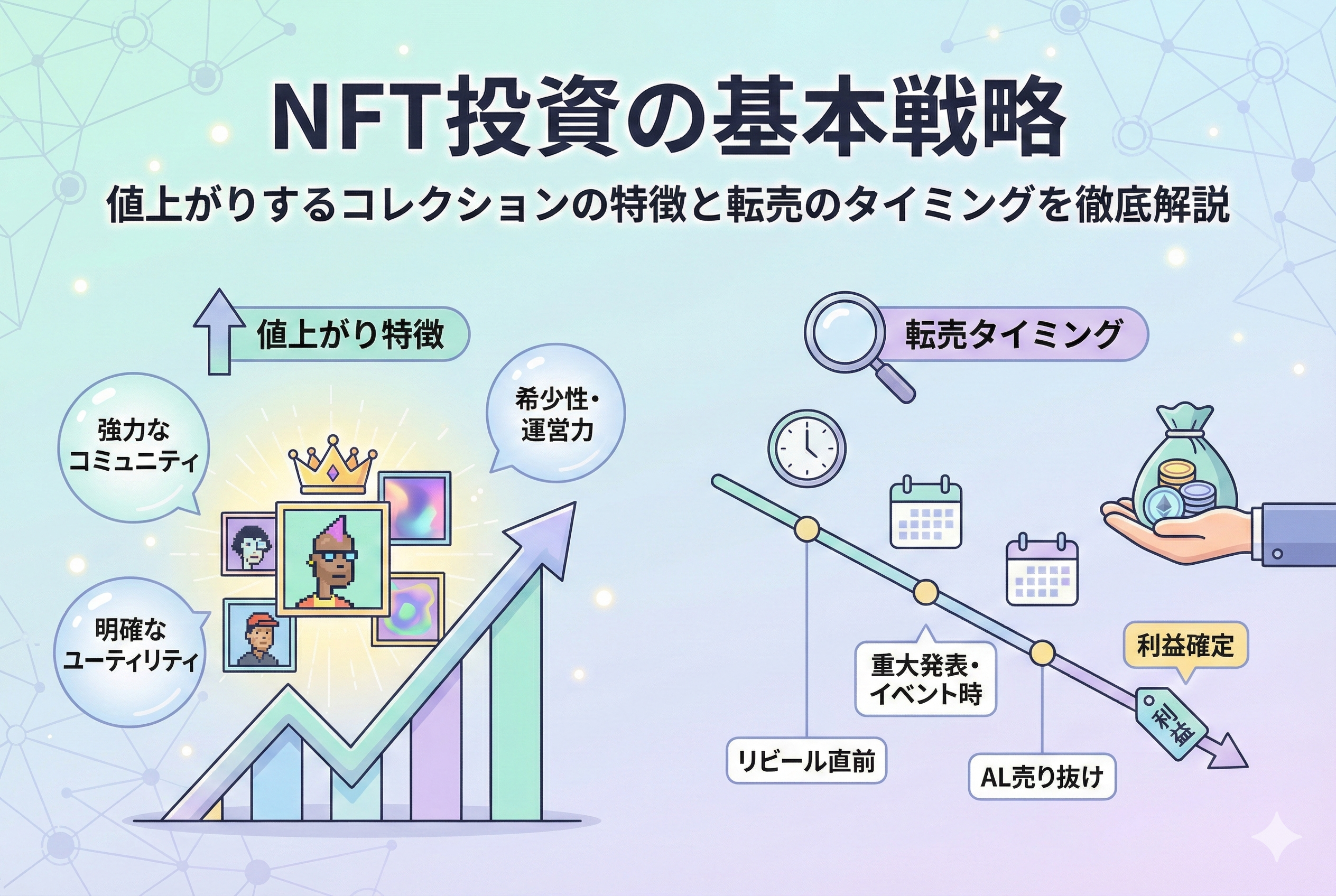 デジタルアートのフレームから飛び出すキャラクターのイラストと、イーサリアムのロゴ、そして上昇する折れ線グラフが描かれた画像です。「NFT投資の基本戦略」という文字が入っており、価値のあるコレクションの選び方と転売のタイミングを表現しています。