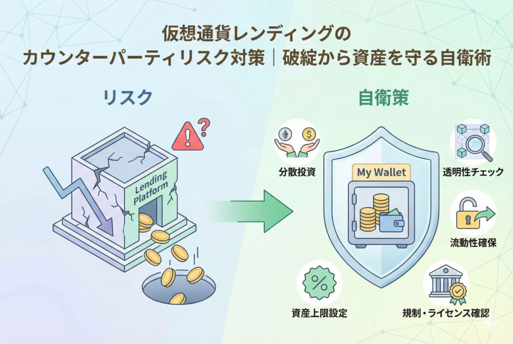 仮想通貨レンディングにおけるカウンターパーティリスクと自衛策をイメージしたイラスト。プラットフォームに資産を預ける際のリスク(不安定な足場)と、それを守るための盾(分散投資や自己管理)が対比して描かれており、安全な運用のためのヒントを視覚的に表現しています。