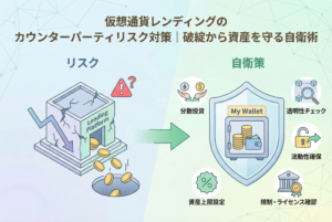 仮想通貨レンディングにおけるカウンターパーティリスクと自衛策をイメージしたイラスト。プラットフォームに資産を預ける際のリスク（不安定な足場）と、それを守るための盾（分散投資や自己管理）が対比して描かれており、安全な運用のためのヒントを視覚的に表現しています。