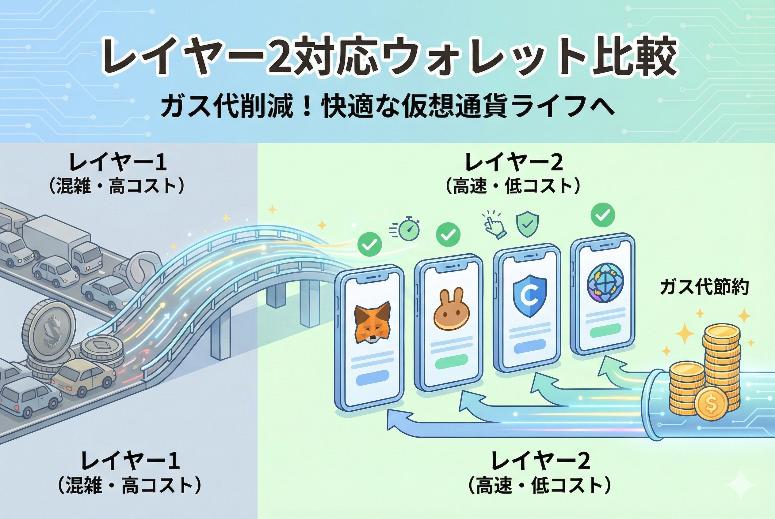記事「レイヤー2対応ウォレット比較」のアイキャッチ画像。イーサリアムのロゴ、ガス代削減を象徴するアイコン、スマートフォンに表示されたウォレットアプリのイメージが、清潔感のある淡いブルーとグリーンのトーンで精緻に描かれています。
