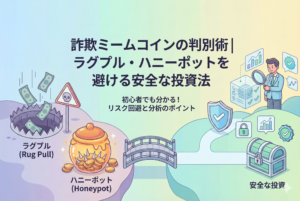 詐欺ミームコインの判別術を解説するアイキャッチ画像。中央に「詐欺ミームコインの判別術｜ラグプル・ハニーポットを避ける安全な投資法」というタイトル。左側には「ラグプル」の落とし穴や「ハニーポット」の罠がある危険なエリアが描かれ、右側には投資家がデータを分析し「安全な投資」の宝箱へ至る安全なエリアが描かれている。両者を橋が繋いでいるイラスト。