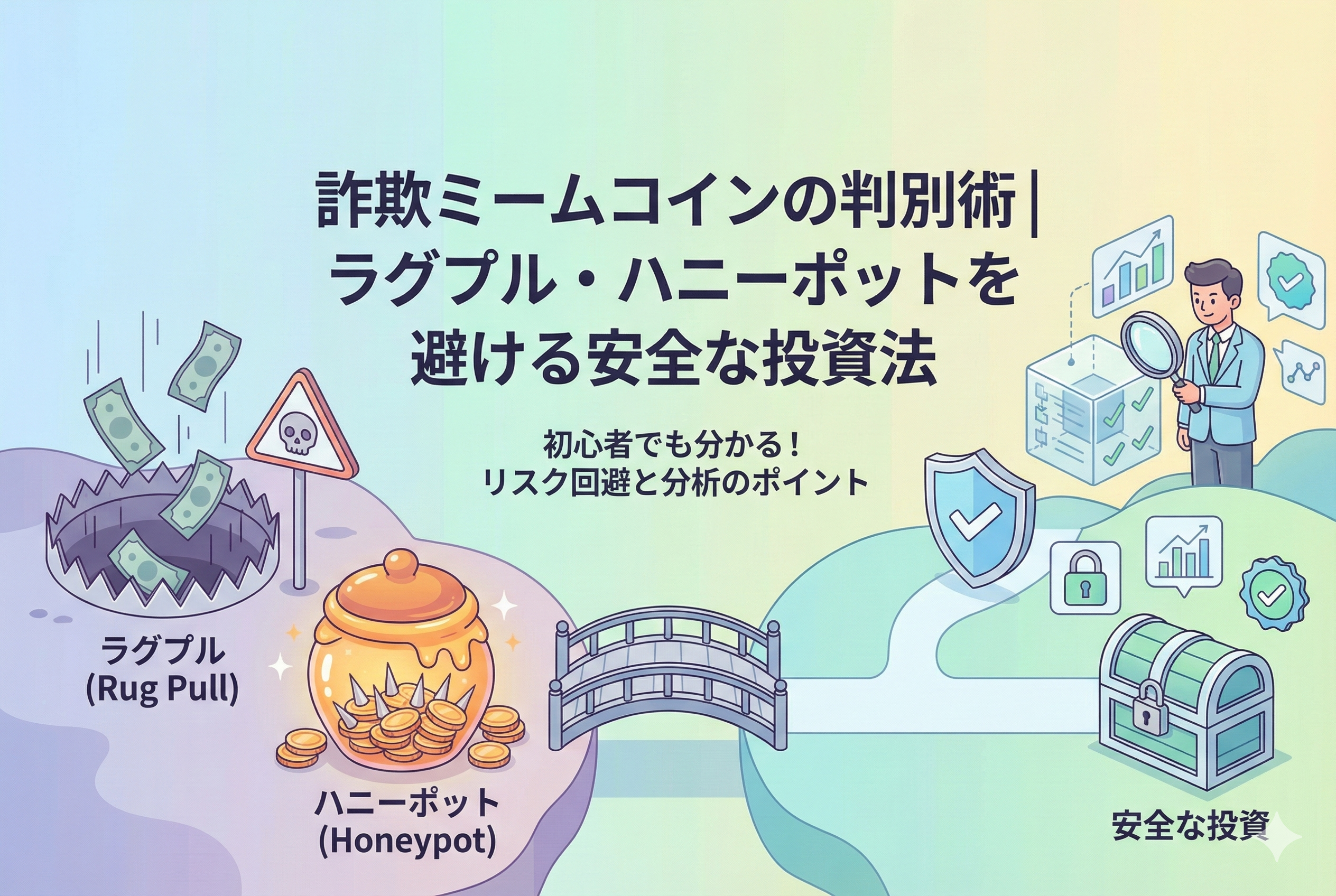 詐欺ミームコインの判別術を解説するアイキャッチ画像。中央に「詐欺ミームコインの判別術|ラグプル・ハニーポットを避ける安全な投資法」というタイトル。左側には「ラグプル」の落とし穴や「ハニーポット」の罠がある危険なエリアが描かれ、右側には投資家がデータを分析し「安全な投資」の宝箱へ至る安全なエリアが描かれている。両者を橋が繋いでいるイラスト。