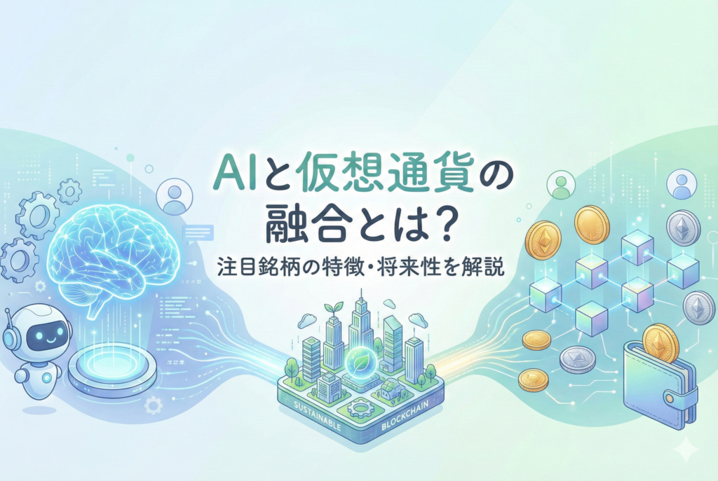 AI(人工知能)を象徴するネットワークのアイコンと、仮想通貨のコインやブロックチェーンのリンクが融合している様子を描いたアイキャッチ画像。清潔感のある薄いブルーの背景に、日本語の見出しで「AIと仮想通貨の融合とは?」というタイトルが入っています。
