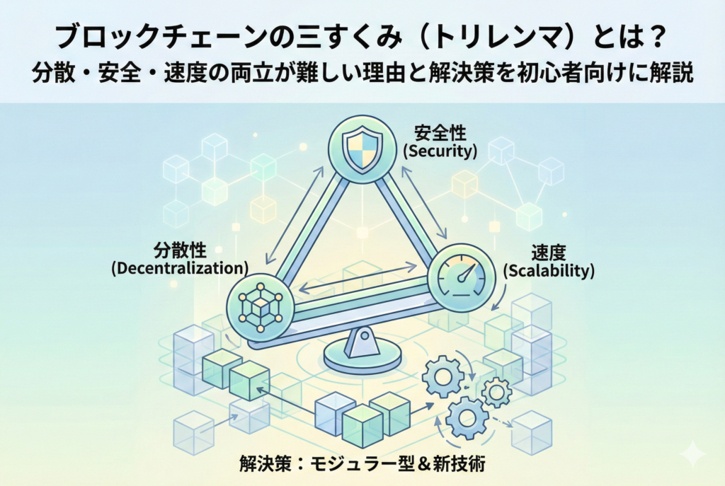 ブロックチェーンの「三すくみ(トリレンマ)」を図解したアイキャッチ画像。「分散性」「安全性」「スケーラビリティ」の3要素が天秤の上でバランスを取り合っている様子を、清潔感のある色調で表現した精緻なイラスト。